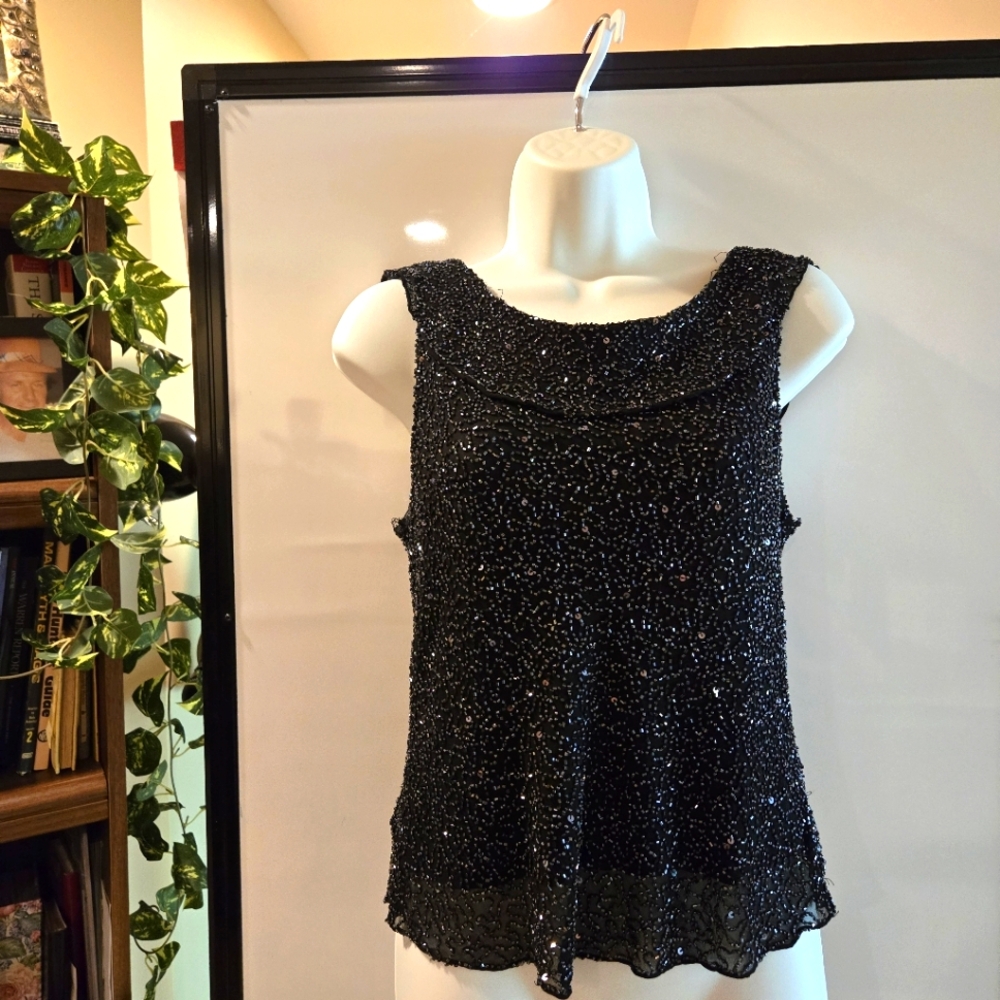 NWOT, Scala Black Beaded Silk Top with Ruffle, Formal, Party, Holiday, Size L - Picture 10 of 16